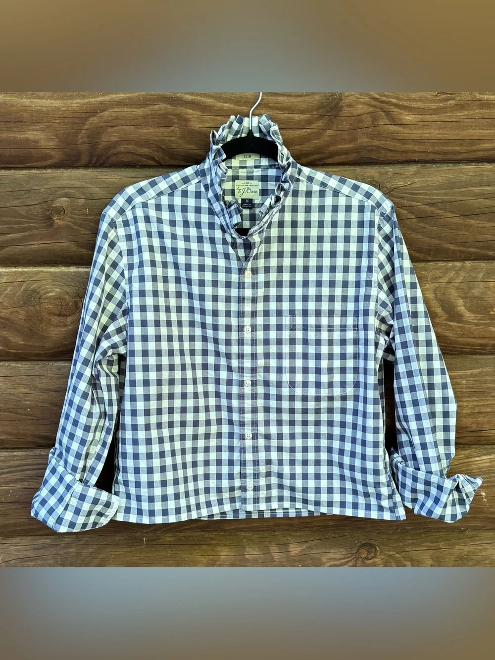 Upcycled J. Crew Navy and White Gingham Button-Down Shirt with Ruffle Neck - Picture 1 of 14
